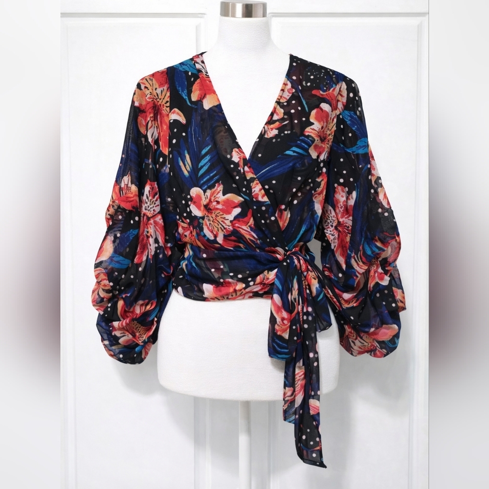 Live 4 Truth Floral Wrap Blouse Sheer Semi Cropped Puff Sleeve Boho Feminine